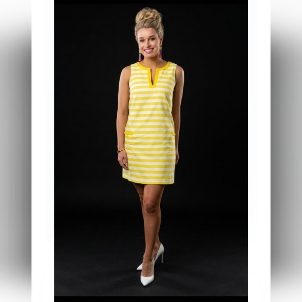 Badgley Mischka Yellow and White Striped Sleeveless Shift Dress